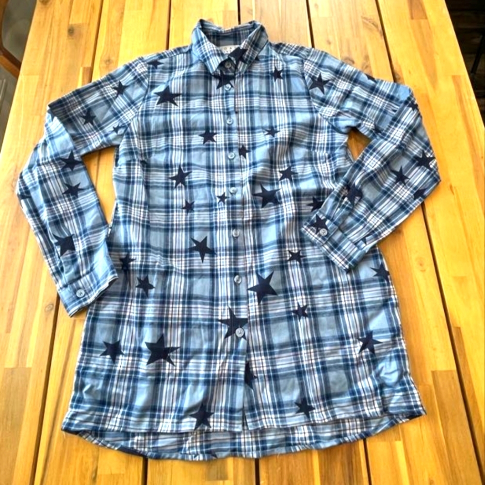 Joan Rivers Blue Casual Button Down Shirt Classic Plaid Americana Stars Size Xxs